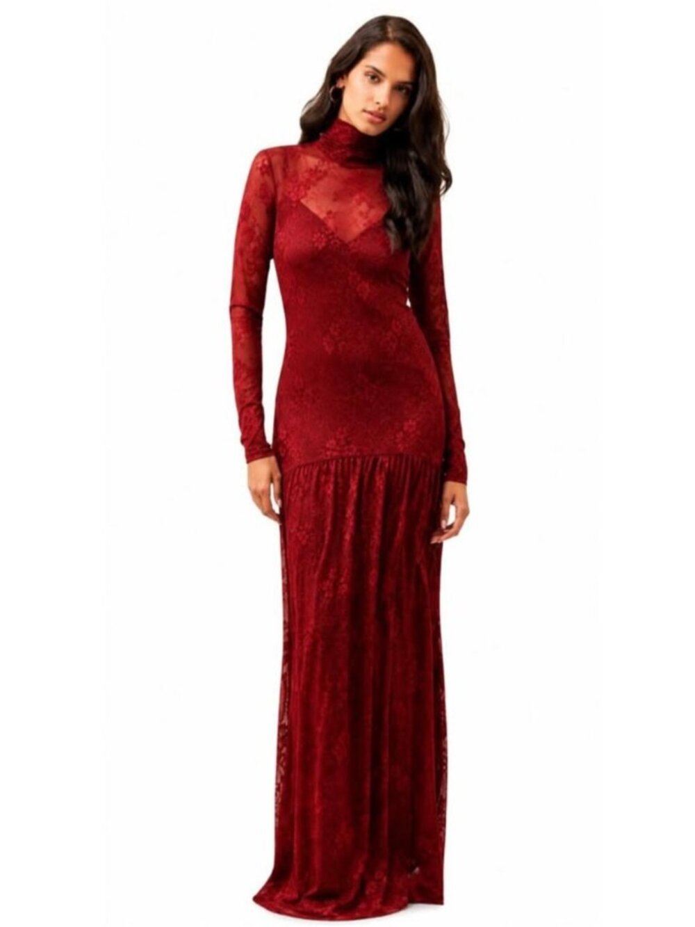 AFRM Amala High-Neck Long-Sleeve Stretch Lace Maxi Dress
